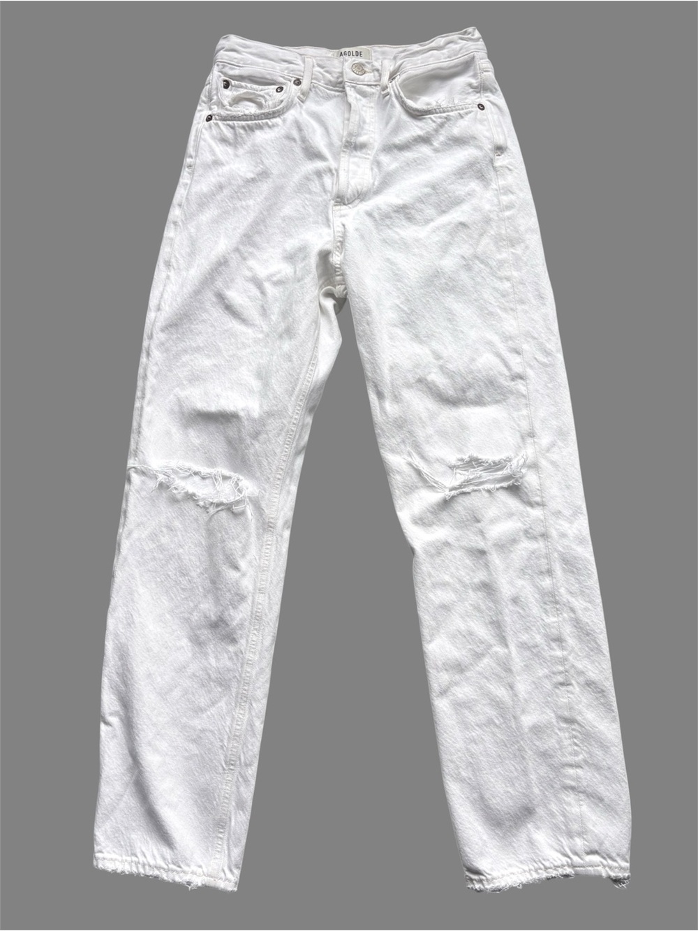 Agolde White Straight Leg Distressed Jeans 24 Destroyed Button Fly High Rise 90s